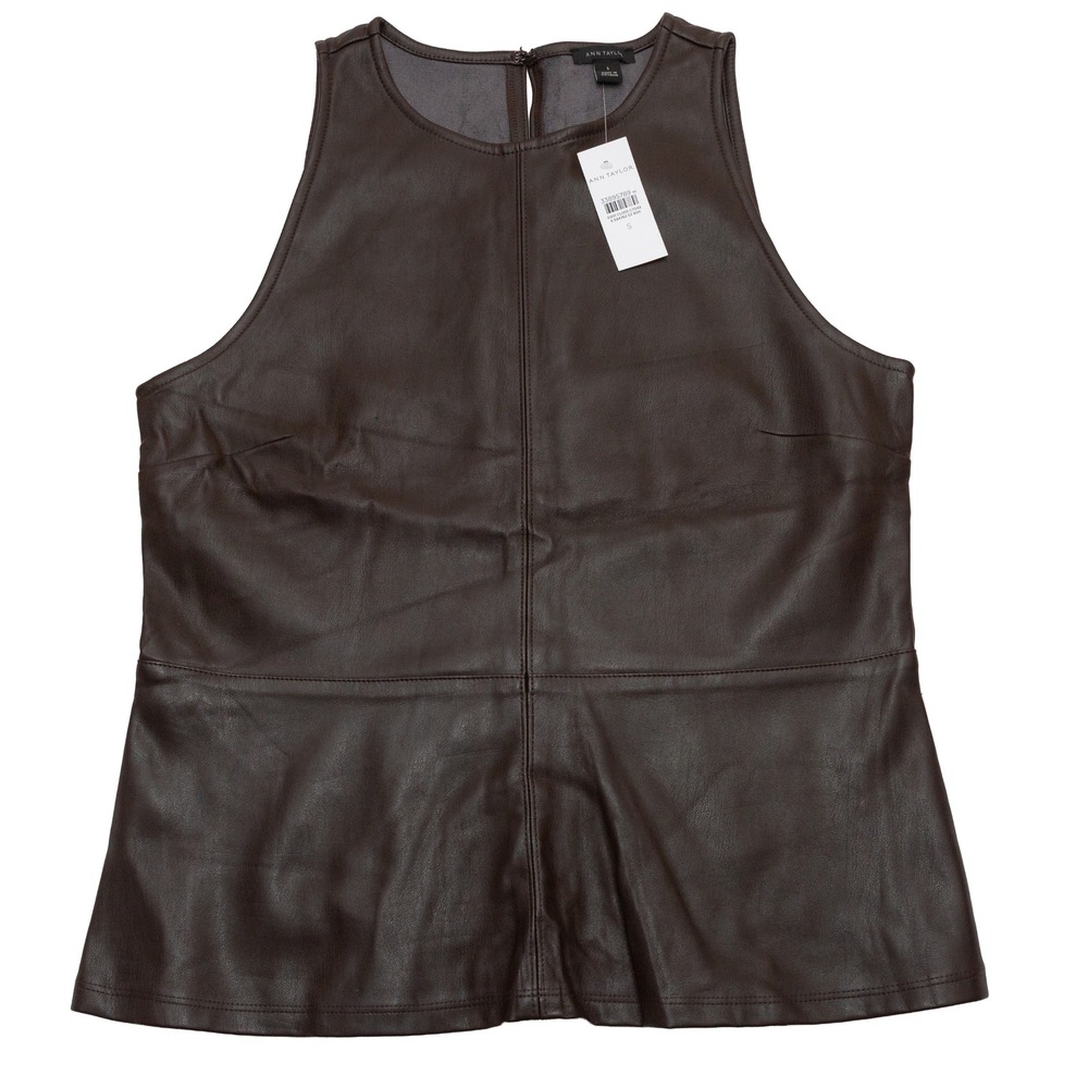 Ann‎ Taylor Peplum Top Women Small Brown NEW Faux Leather Sleeveless Crew Neck